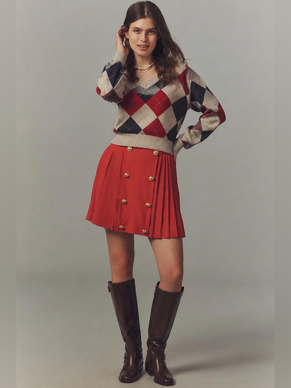 Hutch button front pleated mini skirt red orange gold XXS nwot
